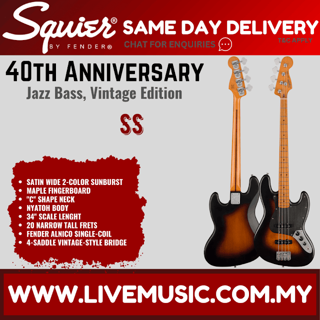 Squier 40th Anniversary Vintage Edition Jazz Bass Guitar, Satin 2-color Sunburst